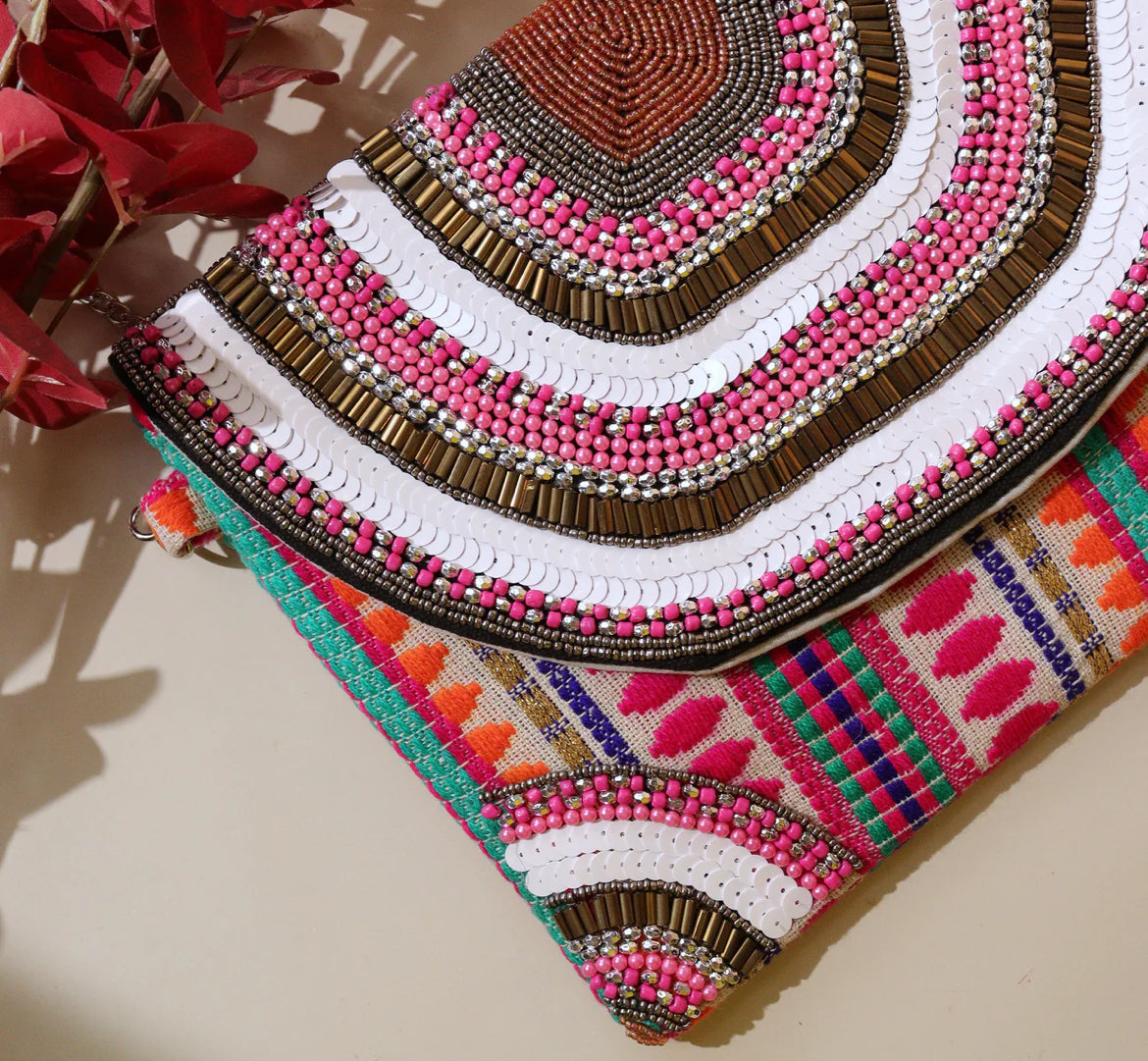 Bella Pink|| Hand Embroidered Boho Sling Bag