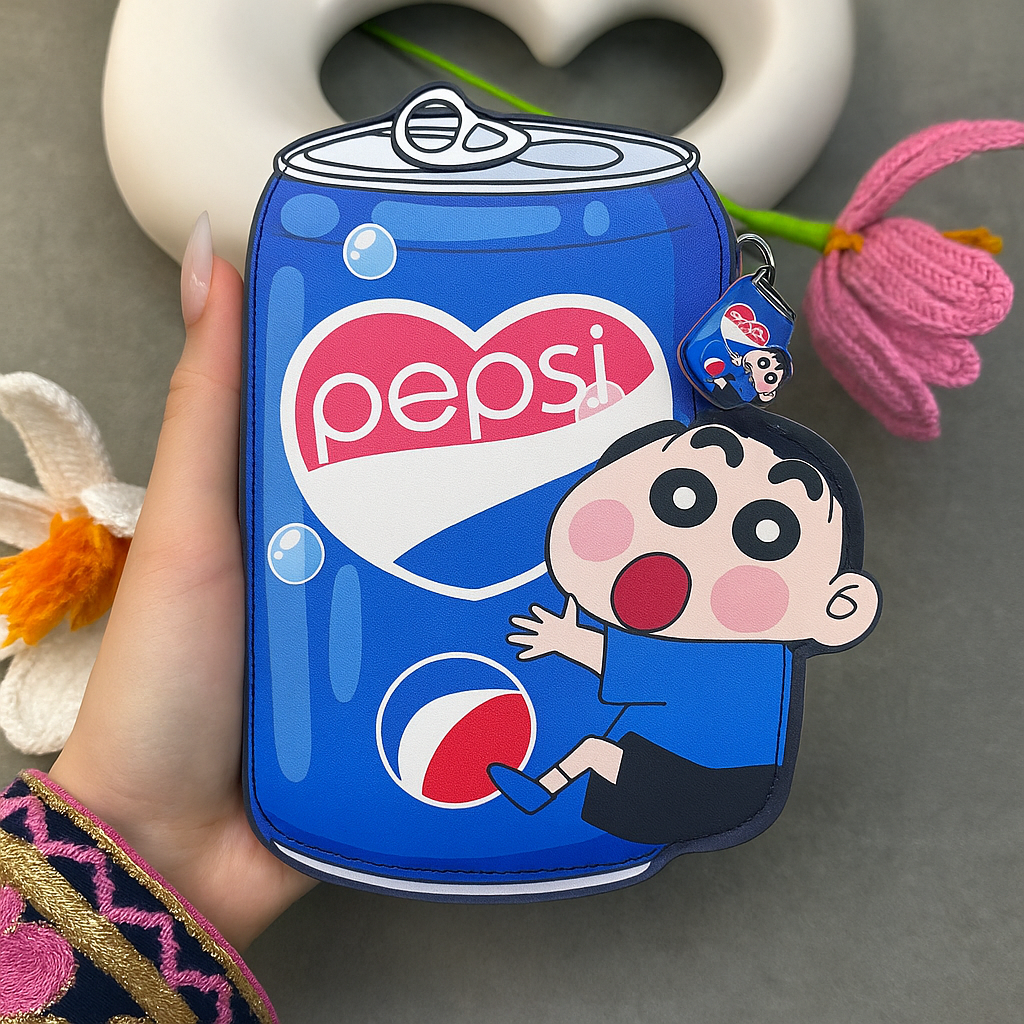Pepsi-themed phone case with a cartoon character held by a hand against a neutral background.